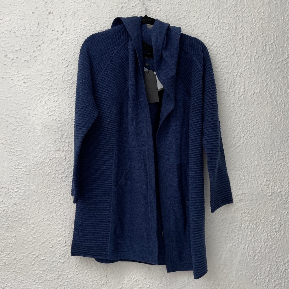NWT QUINN Eva Marie Cashmere Hooded Coatigan in Navy Mouline - Picture 5 of 7